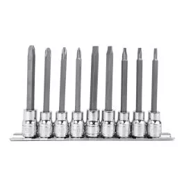 Genius Tools Bit Socket Set 9 Piece Slotted and Phillips 3/8 Inch Drive Long Reach Durable Steel - BS-309L